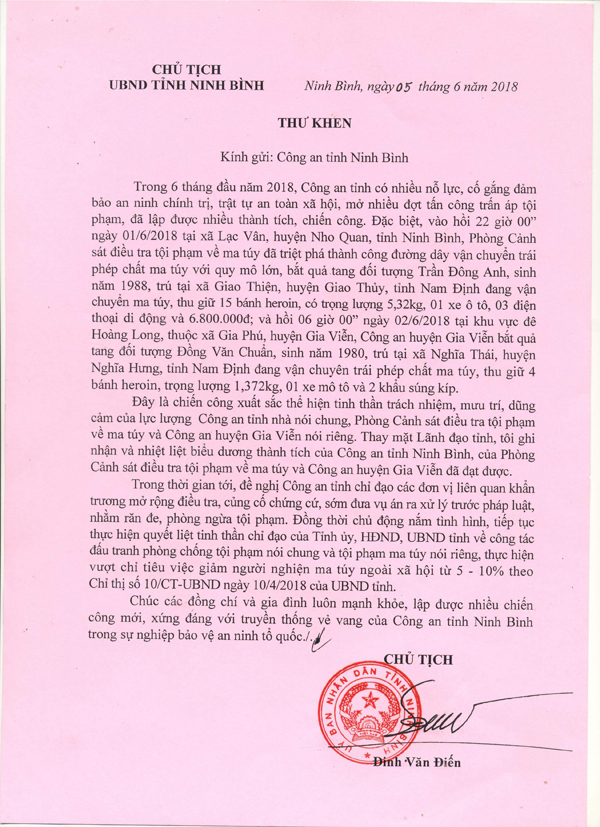 Thư khen của Chủ tịch UBND tỉnh gửi Công an tỉnh Ninh Bình